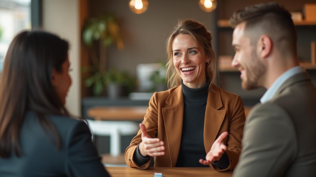 Person demonstrating confident social skills in conversation with open body language and engaged expression
