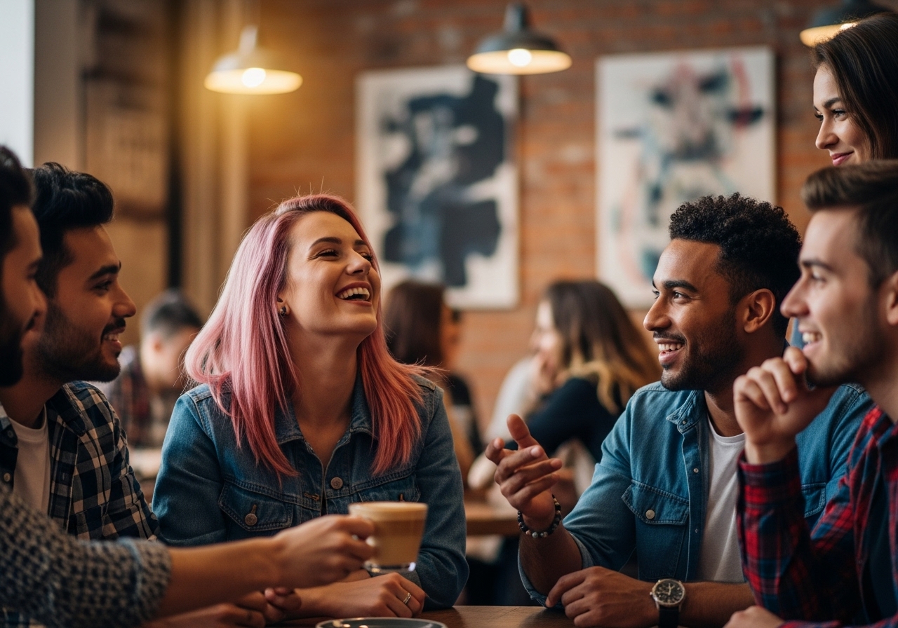 Adults engaging in natural conversation demonstrating social skills and positive body language