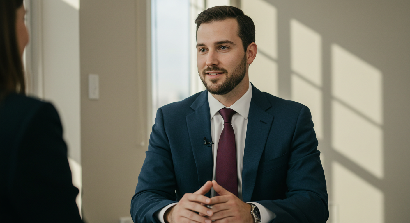 Job interview candidate displaying professional nonverbal communication with confident upright posture, appropriate hand placement, and engaged body language creating positive impression with hiring team